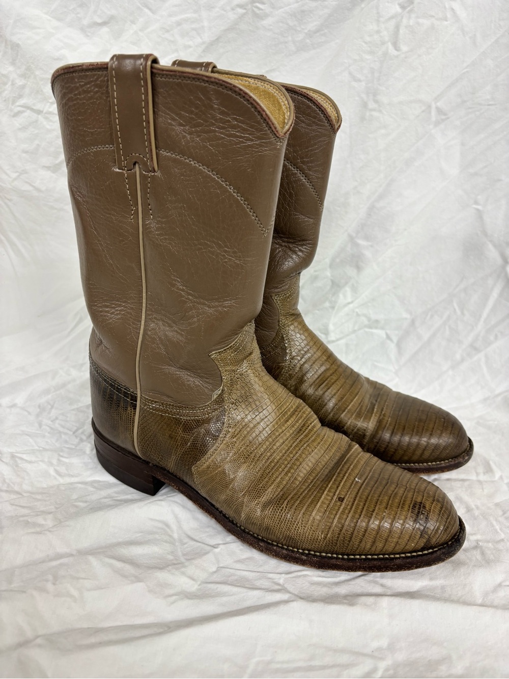 Justin Boots Two-Tone Brown Western Lizard-Textured Cowboy Boots | Men Size 8-B